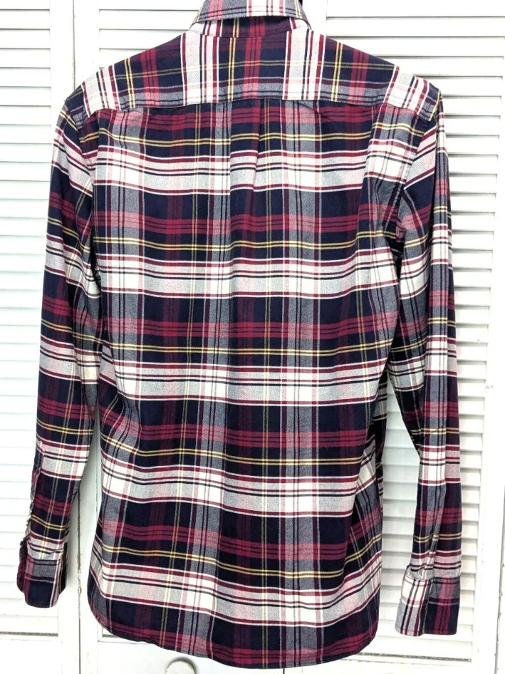 J Crew Mens Flex Oxford Shirt Large Red White Blue Plaid Button Down Slim $24